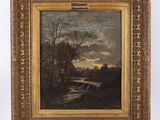 peinture d'un paysage avec une rivière et des arbres au premier plan