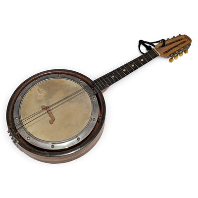 une image représentant un banjo avec un manche en bois et une touche en bois