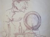 a drawing of a man holding a barrel of wine