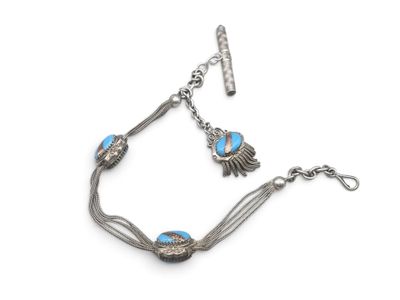 a silver bracelet with blue beads and a silver chain