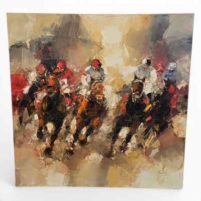 painting of a group of jockeys on horses racing down a track