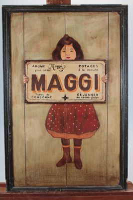 un tableau représentant une jeune fille tenant une pancarte devant elle