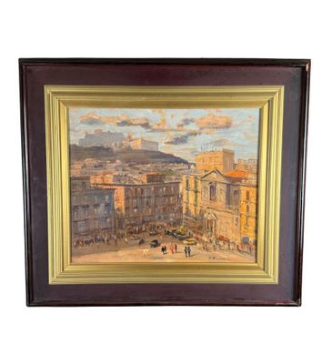 une peinture à l'huile représentant une vue de ville avec une tour horloge en arrière-plan