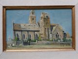 une peinture à l'huile représentant une église avec un clocher au centre