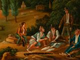 a painting of a group of people sitting on a hill