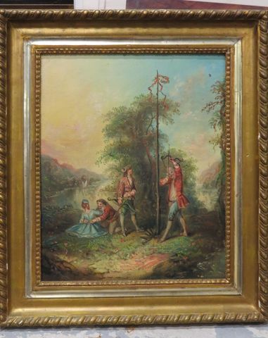 École Française. « jeu de tir à l’arc », huile sur toile, 46 x 38