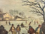 painting of a group of people skating on a frozen lake