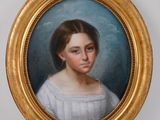 portrait of a young girl in a white dress in a gold frame