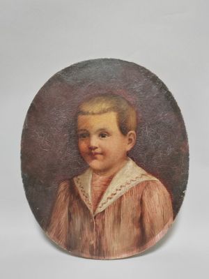 tableau représentant un jeune garçon vêtu d'une chemise rose et d'une chemise à col blanc