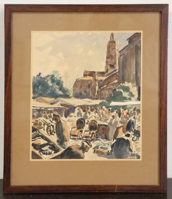 peinture d'un groupe de personnes assises à une table devant une église