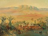 une image représentant un tableau représentant une scène désertique avec une montagne en arrière-plan