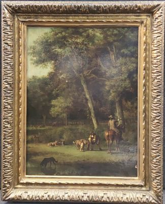 painting of a man on a horse with a herd of cattle in a wooded area