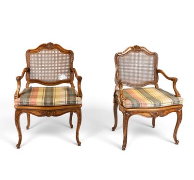 a pair of louis xv style cane back armchairs