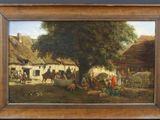 peinture à l'huile d'une scène de village avec une voiture à cheval
