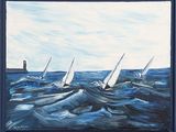 un tableau représentant un groupe de voiliers naviguant sur l'océan