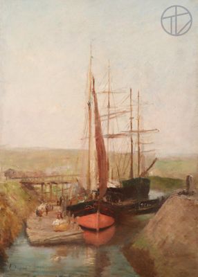 peinture représentant une scène de port avec un navire et d'autres bateaux