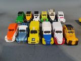 a lot of toy trucks that are lined up together