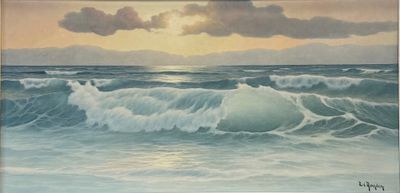 tableau représentant un coucher de soleil sur l'océan avec des vagues