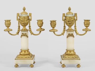 pair of antique brass and marble candelabs