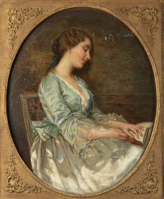 painting of a woman in a blue dress sitting at a table