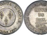 a close up of a coin on a white surface