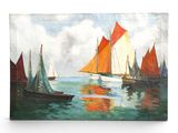 painting of sailboats on the water with a cloudy sky in the background