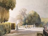 a watercolor painting of a park with a bench and fountain