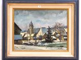 an oil painting of a village with a church in the background