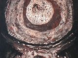 a black and white painting of a bowl with a hole in it