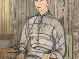 painting of a woman sitting in a chair in front of a wall