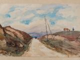 a painting of a cow standing on the side of a road