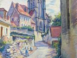 an oil painting of a street scene with a church in the background
