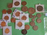 a lot of coins that are on a green table