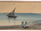 a painting of two people walking on the beach with a boat in the background