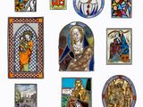 many stained glass pictures of jesus and other religious items
