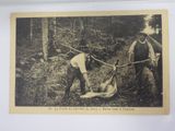 an old black and white photo of two men working in the woods
