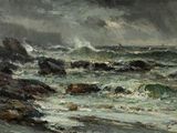 an image of a painting of waves crashing on rocks in the ocean