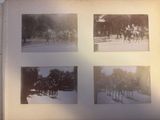 several black and white photos of people riding horses in a park