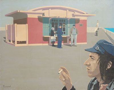 un tableau représentant un homme tenant une cigarette devant un immeuble