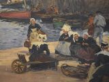 a painting of a group of people sitting on a dock