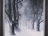 an image of a black and white painting of trees in the snow