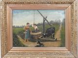 an oil painting of a man and a woman in a field with a cow