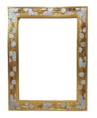 golden picture frame with white flowers on it on a white background
