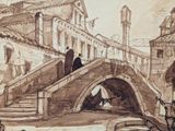 a drawing of a bridge over a river with people on it