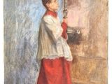 painting of a woman in a red and white dress holding an umbrella