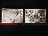 two black and white photos of a man and a woman in a kitchen