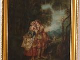un tableau représentant un couple s'embrassant dans un décor boisé