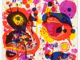 an abstract painting of colorful circles on a white background