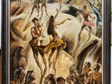 a painting of a group of people standing around a man on a horse