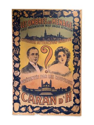 an old french poster advertising a couple of women and a man